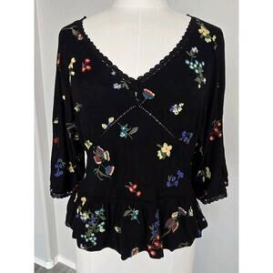 Boho Drapey Anthropologie Parvati Embroidered Floral Flutter Sleeve Blouse Sz S